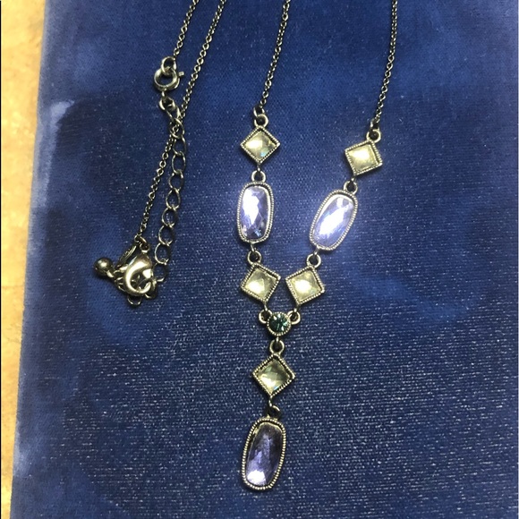Vintage Avon necklace blue purple stones gems drop set black metallic chain - Picture 2 of 9
